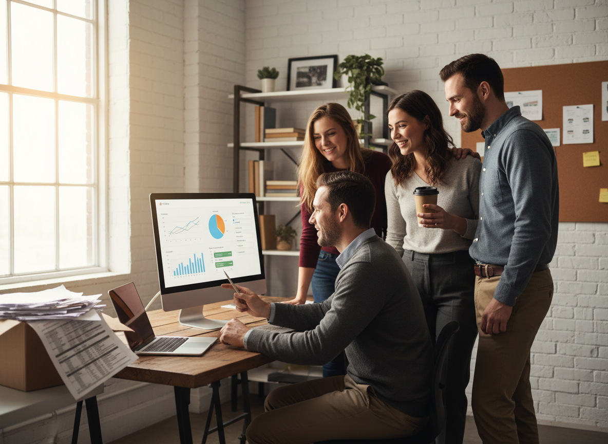 Small business team collaborating around a dashboard on a monitor